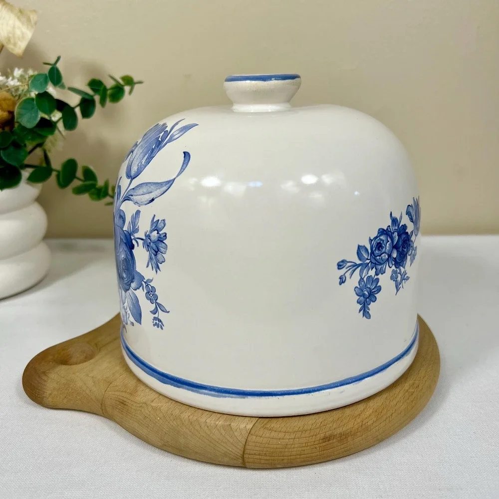 Vintage Porcelain Floral Cheese Ball Cover w/ Wood Base